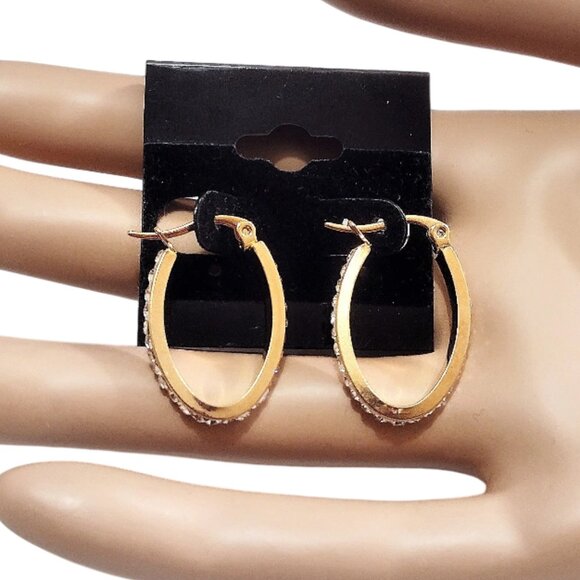 1 Inch Long Crystal Channel Hoops Gold Tone 25mm Pierced Oval - Picture 3 of 3